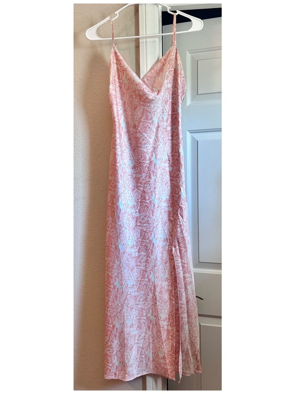 Satin Pink Floral Slip Dress with Cowl Neck
